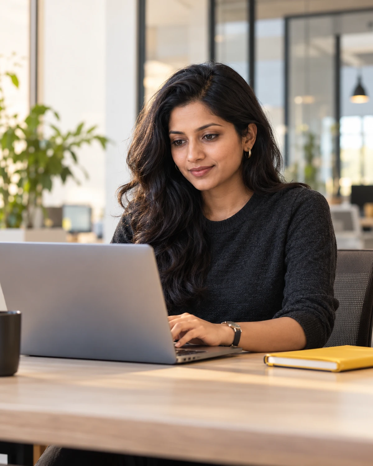 Indian software professional working at her laptop.