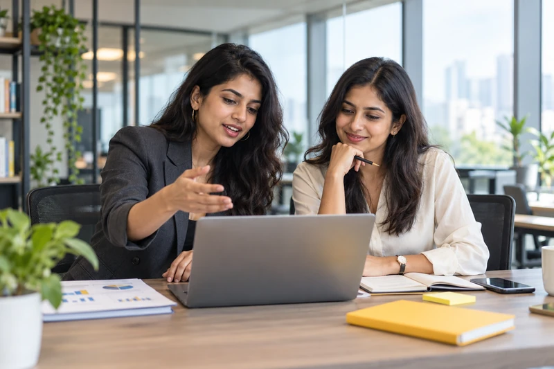 Colleagues discussing ideas together in a workspace.