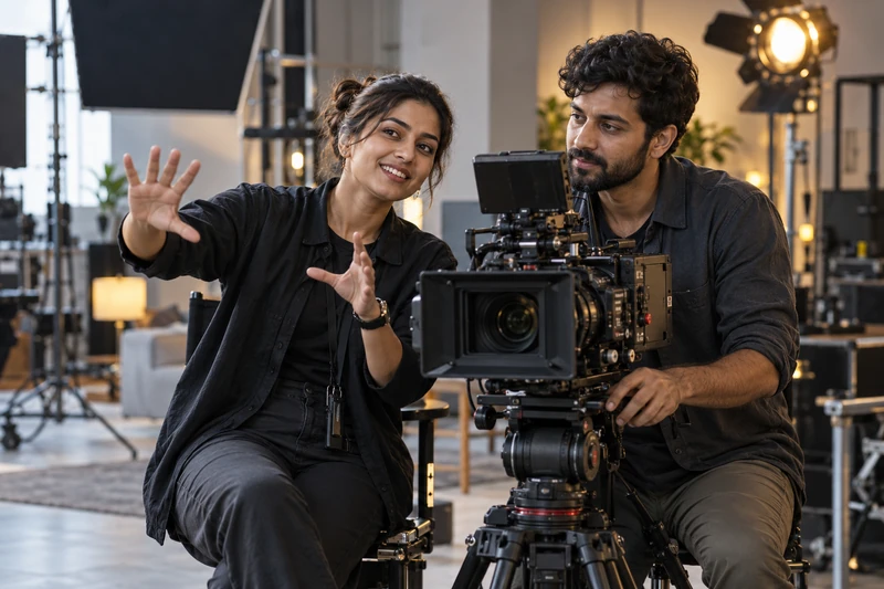 Two filmmakers collaborating on a video shoot.